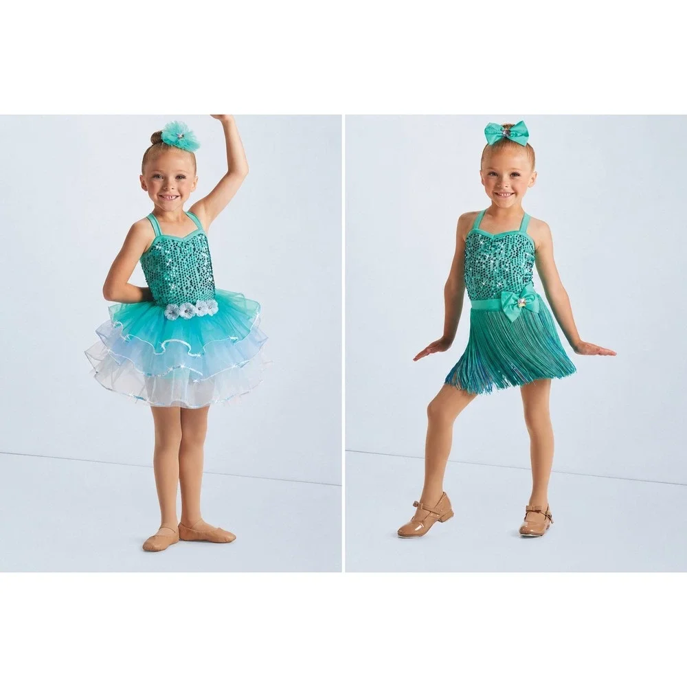 XSC Girls Weissman Dance Costume SET Teal Blue Fringe Tutu Leotard NEW $90